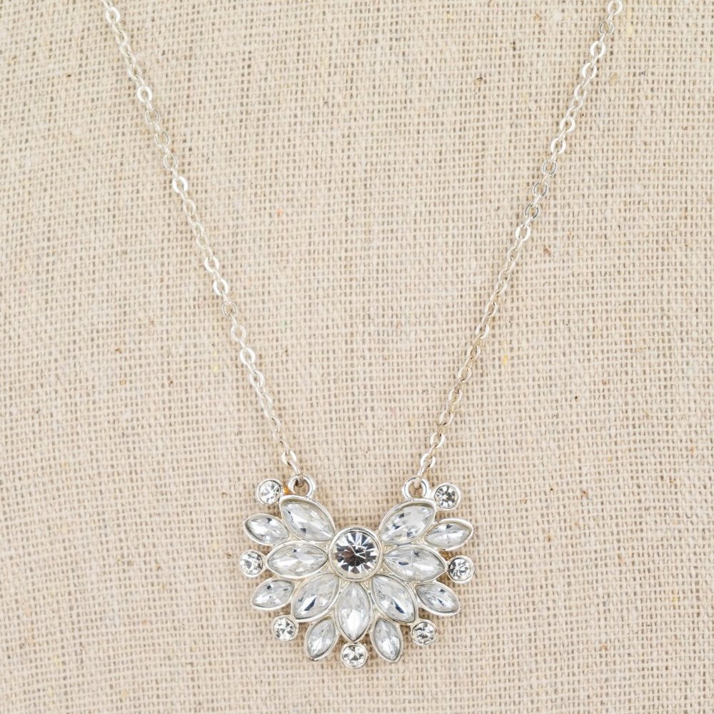 Crystal Silver Toned Necklace Marked SHA Flower Sun Pendant Delicate Chain